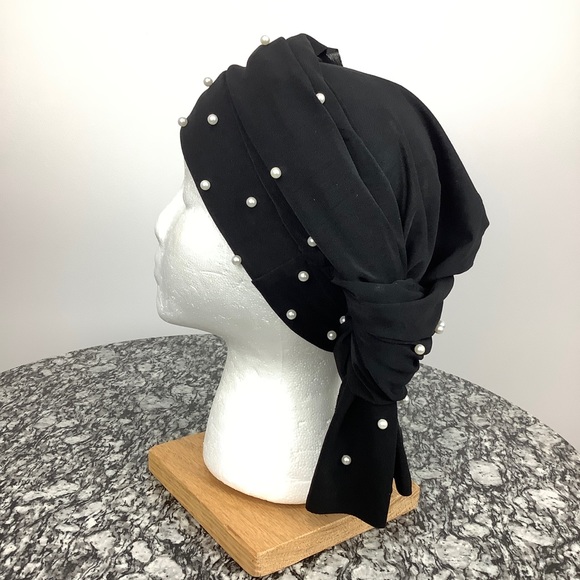 Black with Pearl Accent Fashion Bun Cap Hair Wrap - Picture 8 of 8
